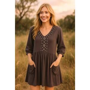 Garnet Hill Grey Embroidered Crepe Boho Dress Size 10 Slouchy Pockets Lined